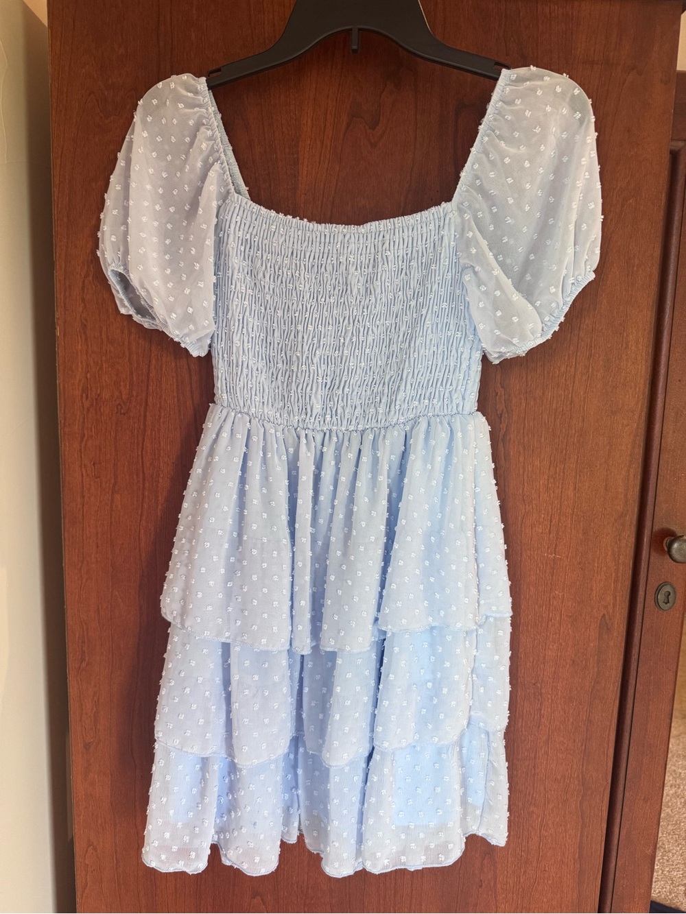 Alter’d State Blue Puff Sleeve Tiered Dot Dress (see note)